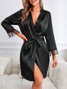 black satin lace trim robe front
