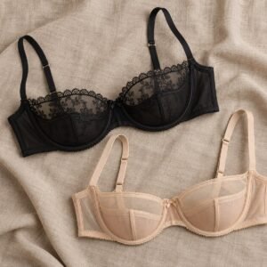 Black and nude balconette bra flatlay low neckline – OEM balconette bra manufacturer from 50 pcs