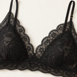 Black lace bralette V-neck scalloped trim and spaghetti strap macro – custom wireless bralette manufacturer
