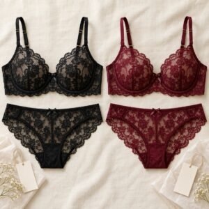 Black and burgundy lace bra and brief sets flatlay – OEM lace bra manufacturer from 50 pcs