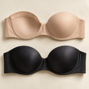 Nude and black strapless bra flatlay showing silicone grip band – OEM strapless bra manufacturer from 50 pcs