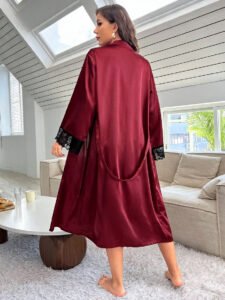 burgundy satin black lace robe back
