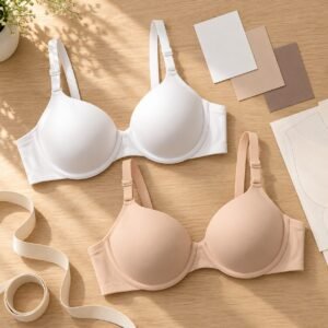 Warm beige and white moulded t-shirt bras with pattern pieces, custom bra manufacturer