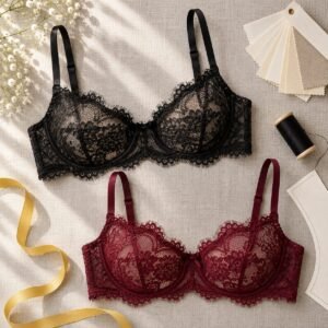 Black and burgundy lace balconette bras with development swatches, custom bra manufacturer