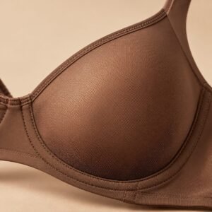 Chocolate brown sheer power mesh bra cup and elastic seam detail, OEM custom bra manufacturer