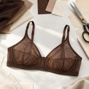 Chocolate brown wireless sheer mesh bralette with fabric swatches, custom bra manufacturer