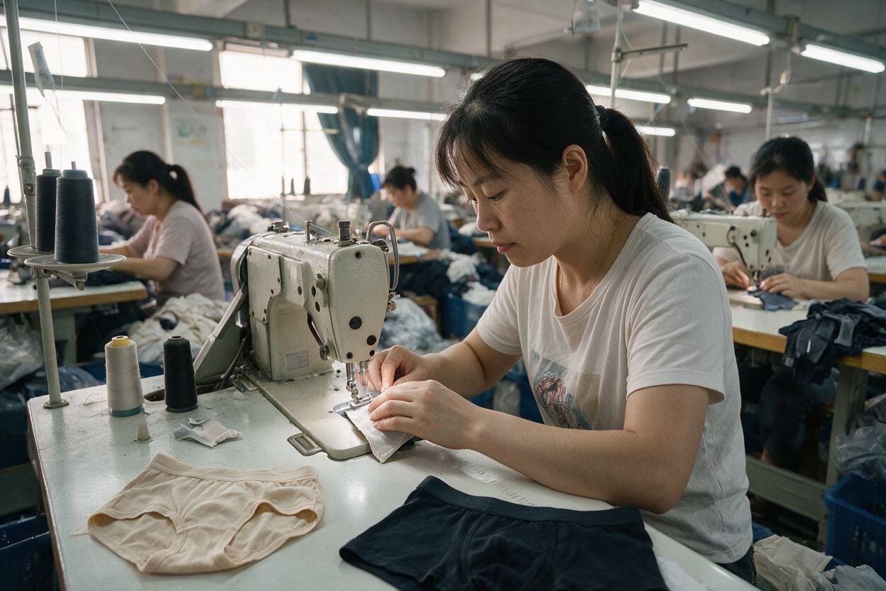Seamstress sewing briefs on a lockstitch machine in a garment factory