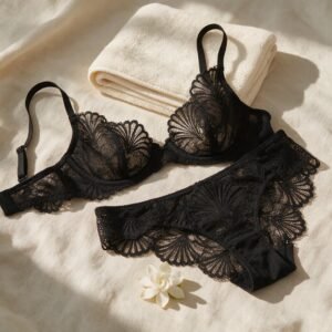 Black lace bra and brief set flatlay – custom lingerie manufacturer
