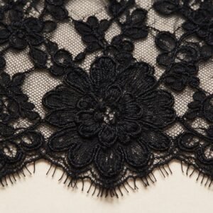 Black lace embroidery fabric close-up macro detail
