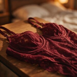 Burgundy lace underwire bra on wooden surface warm light