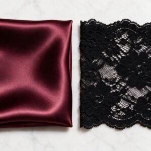 Burgundy satin and black lace fabric comparison swatch