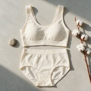 Cream cotton wireless bralette and high-waist brief set flatlay