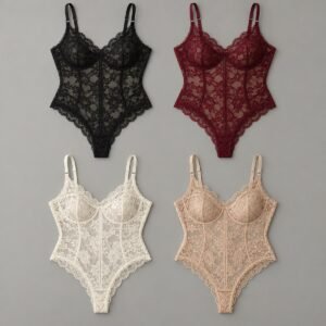 Four color lace bodysuit 2x2 flatlay black burgundy ivory nude – OEM lace bodysuit manufacturer from 50 pcs