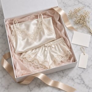 Luxury lingerie gift box unboxing ivory satin set with ribbon and swing tag – custom bridal lingerie packaging OEM
