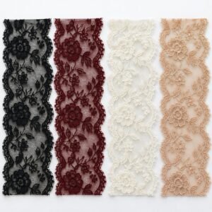 Four lace fabric color swatches black burgundy ivory nude macro – custom colorway OEM lingerie manufacturer