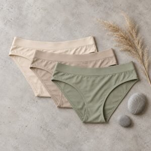 Bamboo underwear panties flatlay natural sand tones – OEM from 50 pcs