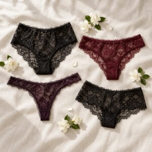 Black and burgundy lace panties flatlay – OEM lace underwear manufacturer from 50 pcs