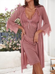 pink chiffon lace robe slip set front 02