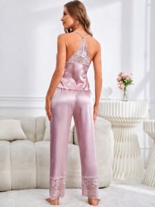 pink satin lace cami pants set back