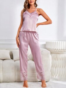 pink satin lace cami pants set front