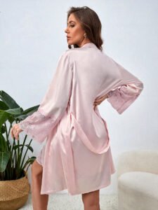pink satin lace cuff robe back 01