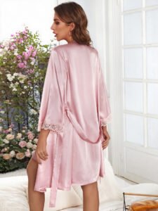pink satin lace cuff robe back 02