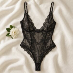 Black lace bodysuit lingerie flatlay – OEM lace bodysuit manufacturer from 50 pcs