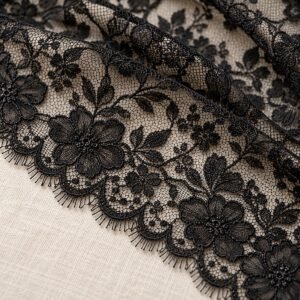 Black lace embroidery fabric macro detail – custom lace lingerie manufacturer