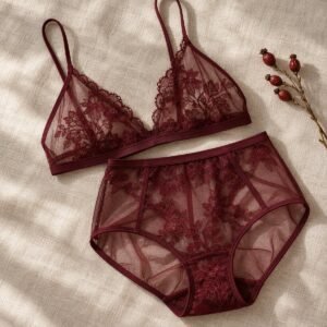 Burgundy sheer mesh lingerie set flatlay – OEM mesh lingerie manufacturer from 50 pcs