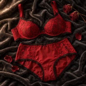 Crimson red lace bra and brief set flatlay – OEM sexy lingerie from 50 pcs