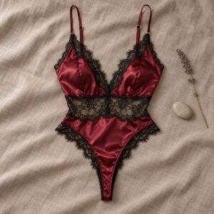 Wine red satin teddy lingerie flatlay – OEM teddy bodysuit manufacturer from 50 pcs