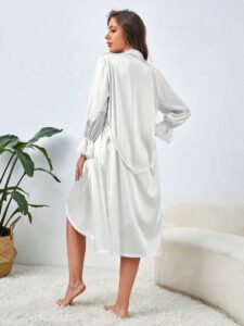 white satin long robe lace cuff back