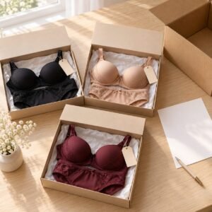 Boxed bra and matching panty sets black nude and burgundy made-to-order wholesale bras and panties