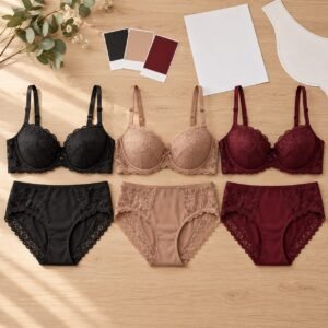 Underwired lace bra and matching panty sets black nude and burgundy made-to-order wholesale bras and panties