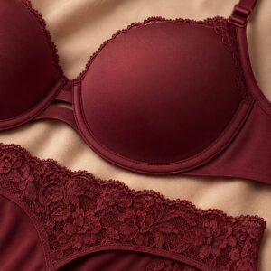 Underwired lace bra and matching panty burgundy lace edge detail made-to-order wholesale bras and panties