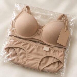 Bagged bra and matching panty set nude with blank kraft tag made-to-order wholesale bras and panties