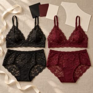 Wireless lace bra and full briefs sets black and deep burgundy made-to-order wholesale lingerie
