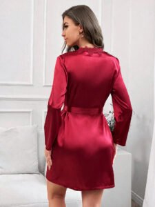 wine satin lace collar robe back